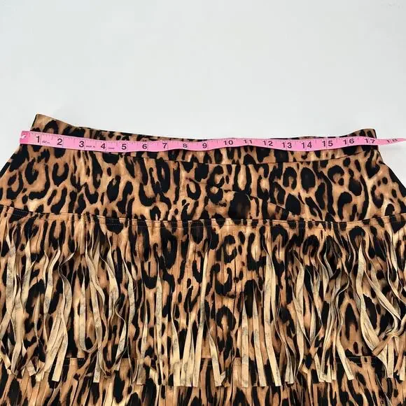 CHICO'S BROWN/ tan ANIMAL LEOPARD PRINT FRINGE PULL ON SKIRT size 2 US large - Picture 3 of 9